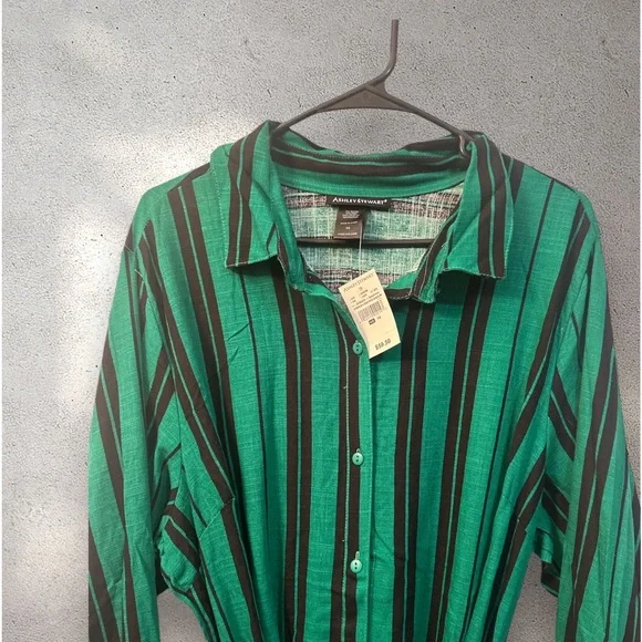 NEW ASHLEY STEWART LINEN BLEND STRIPPED GREEN/ BLACK SIZE 14 - Picture 4 of 7